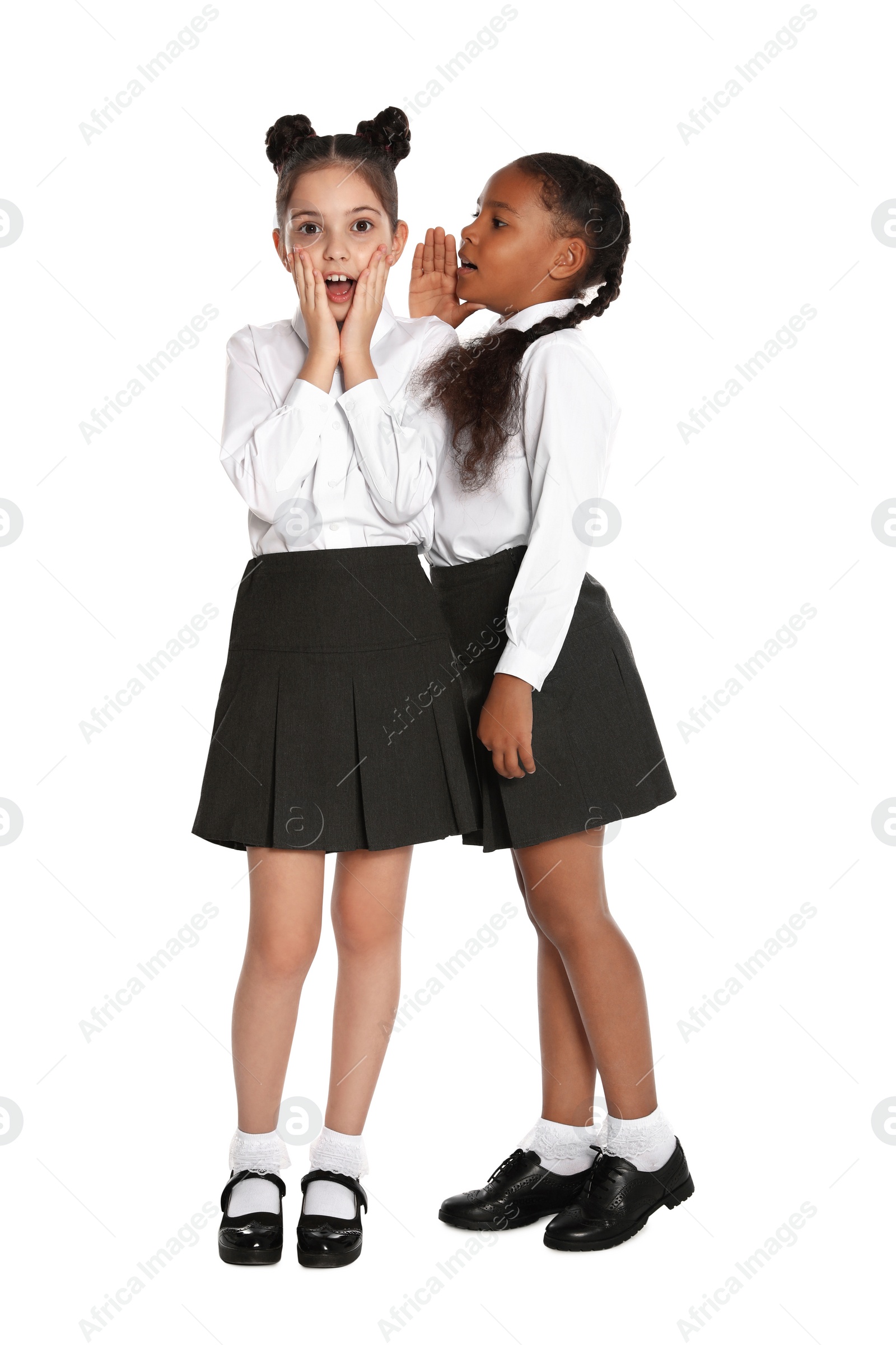 Photo of Girls in school uniform gossiping on white background