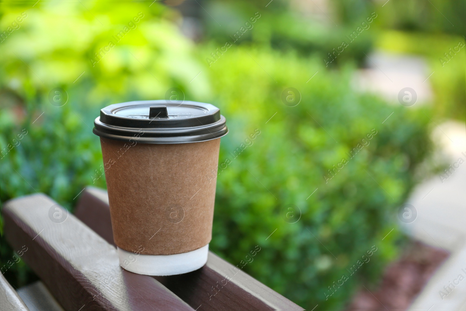 Photo of Disposable paper cup with plastic lid on wooden bench outdoors, space for text