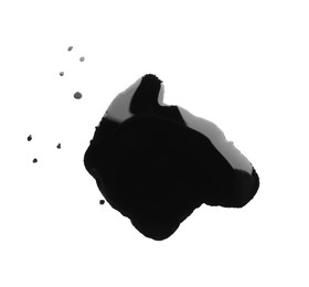 Photo of Blots of black paint on white background, top view