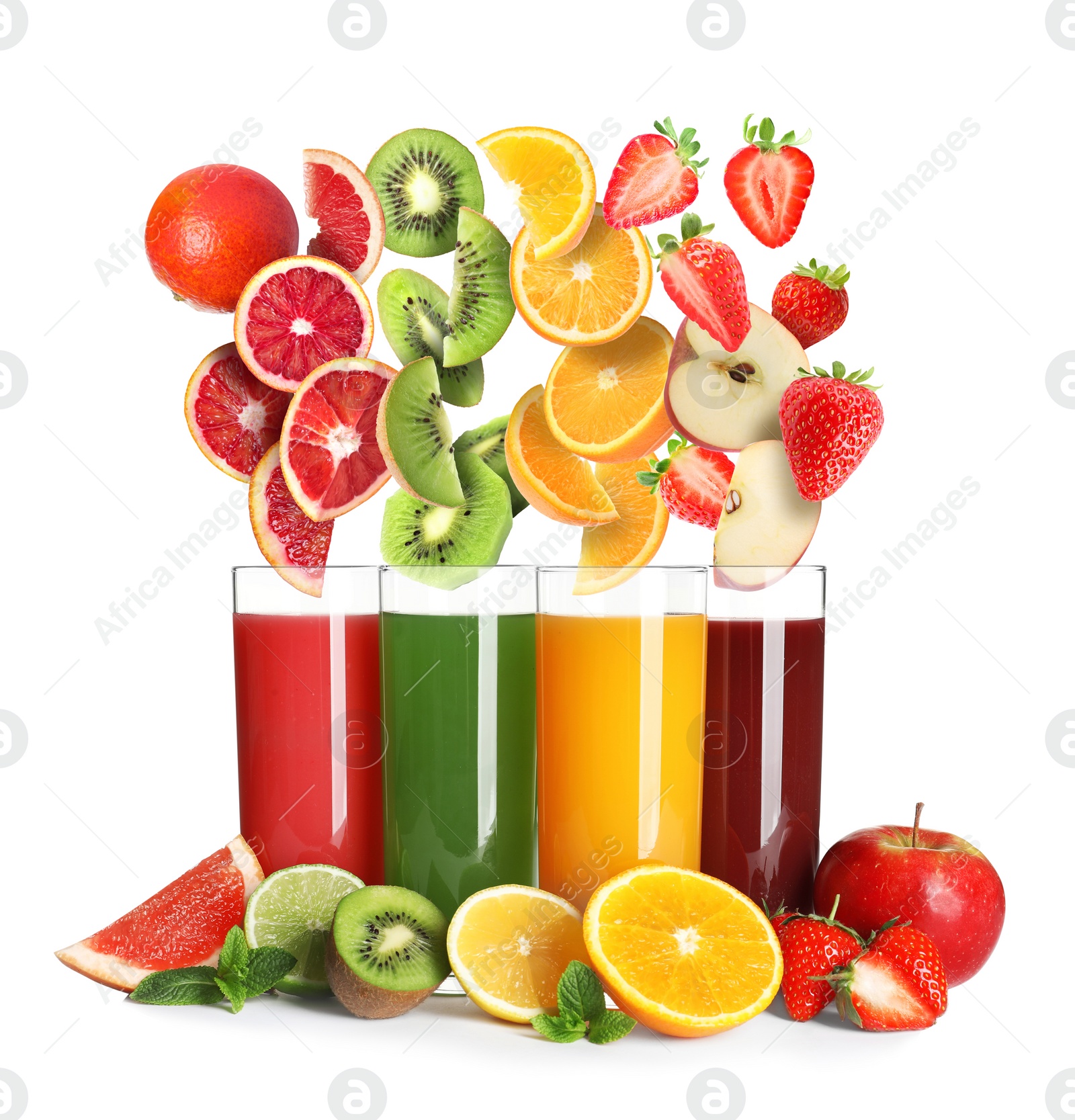 Image of Different types of juices and fresh fruits on white background