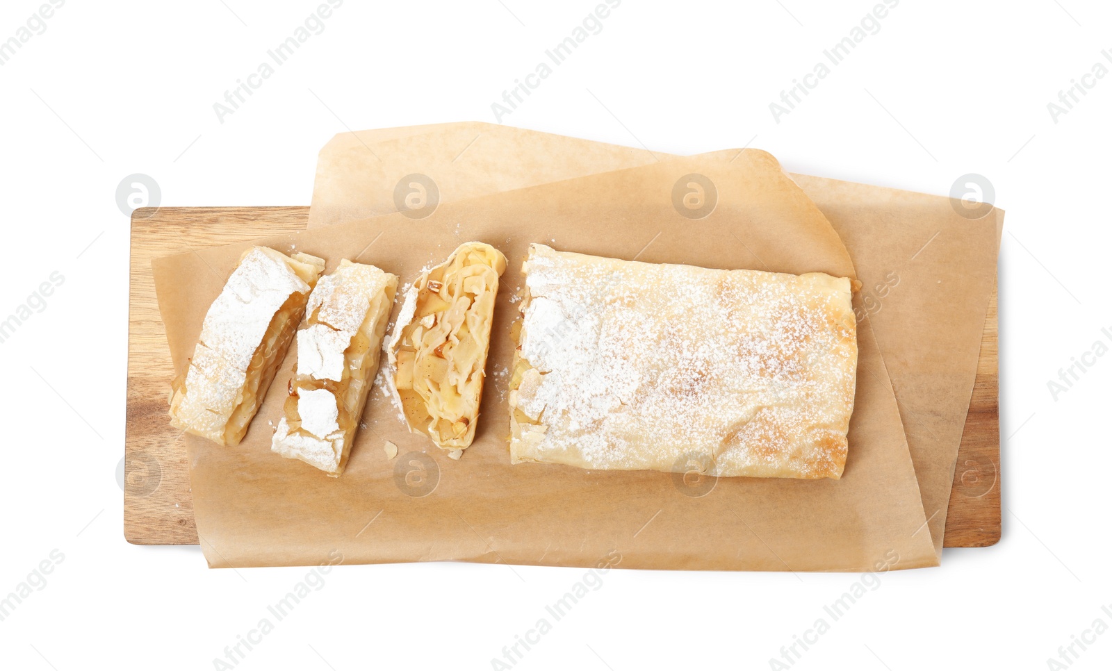 Photo of Delicious apple strudel with almonds and powdered sugar on white background, top view