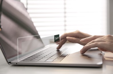 Search bar of website over laptop. Woman using computer at table, closeup