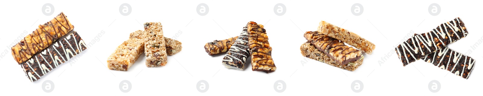 Set with different grain cereal bars on white background. Banner design Image of Set with different grain cereal bars on white background. Banner design