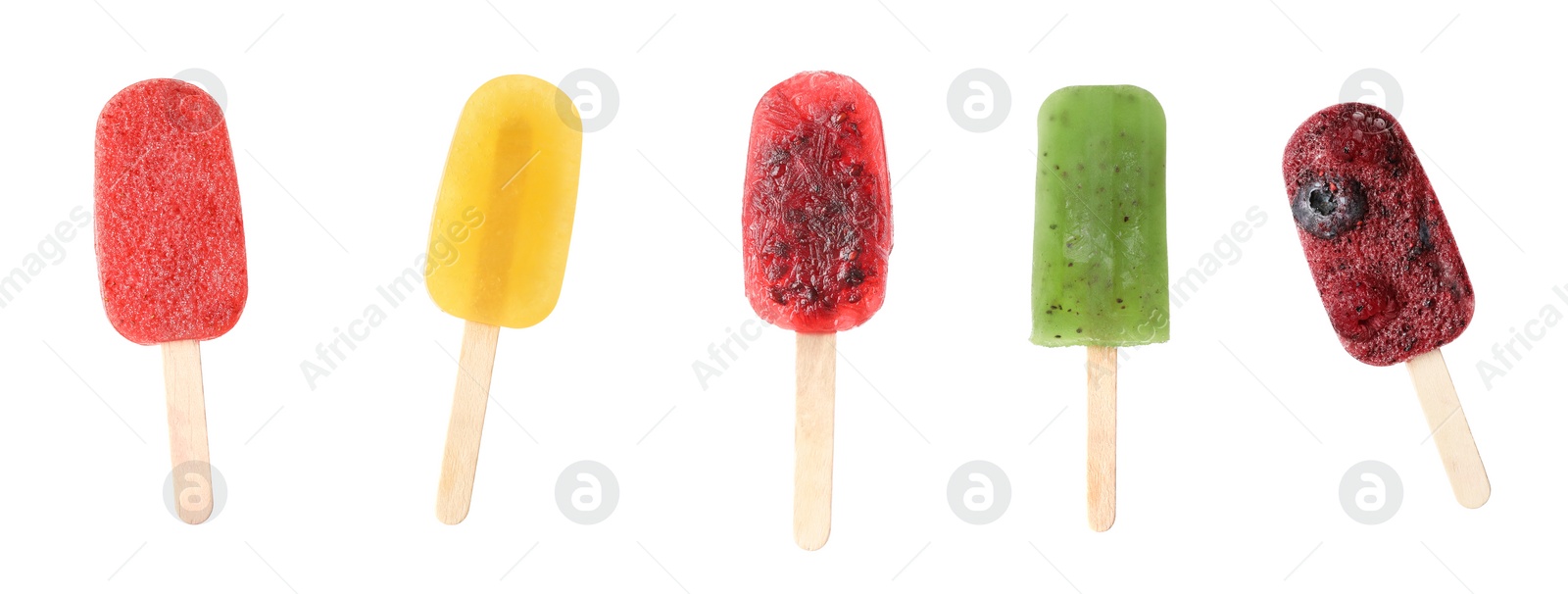 Image of Set with tasty berry ice pops on white background. Banner design