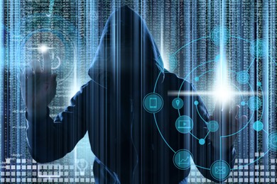 Image of Man in hood and digital code on dark background. Cyber attack concept