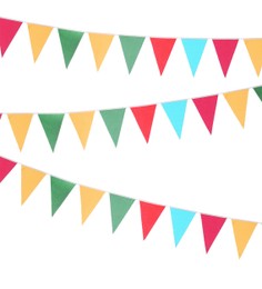 Image of Colorful triangular bunting flags on white background. Festive decor