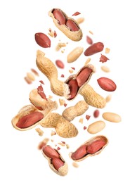 Image of Unpeeled peanuts in air on white background