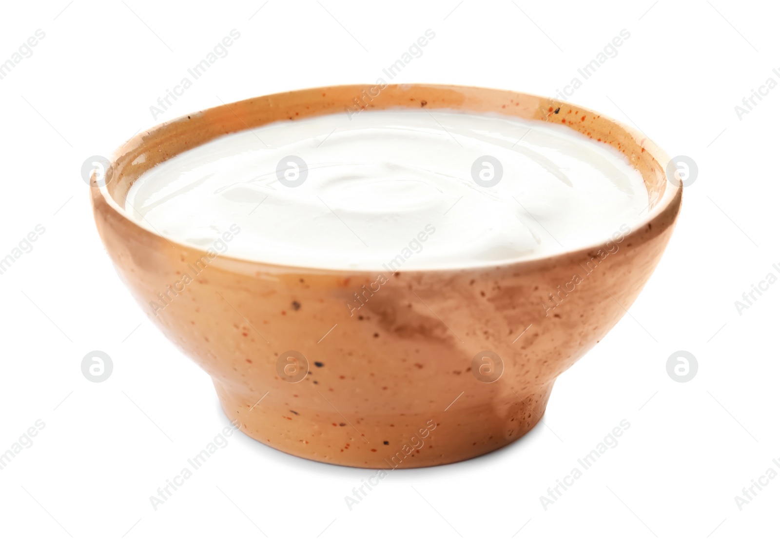 Photo of Bowl with yummy yogurt on white background