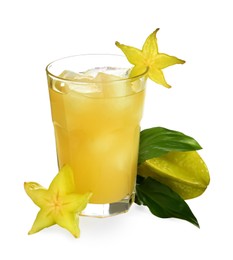 Delicious carambola juice in glass on white background