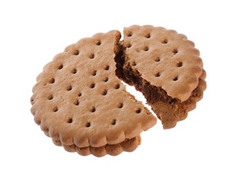 Photo of Broken tasty chocolate sandwich cookie with cream on white background