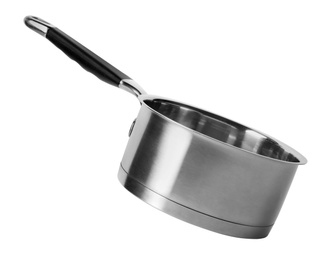 Photo of Empty modern steel saucepan isolated on white