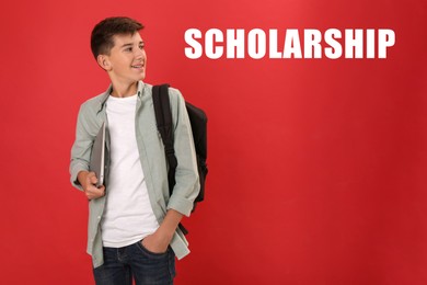 Image of Scholarship concept. Teenage student with backpack and laptop on red background