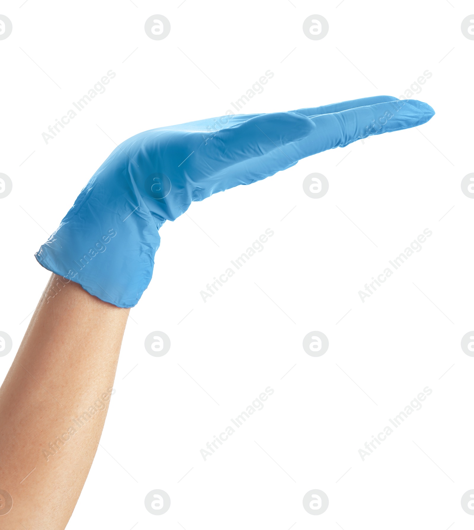 Photo of Woman in blue latex gloves on white background, closeup of hand