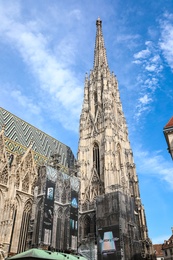 VIENNA, AUSTRIA - APRIL 26, 2019: Low angle view of St. Stephen's Cathedral