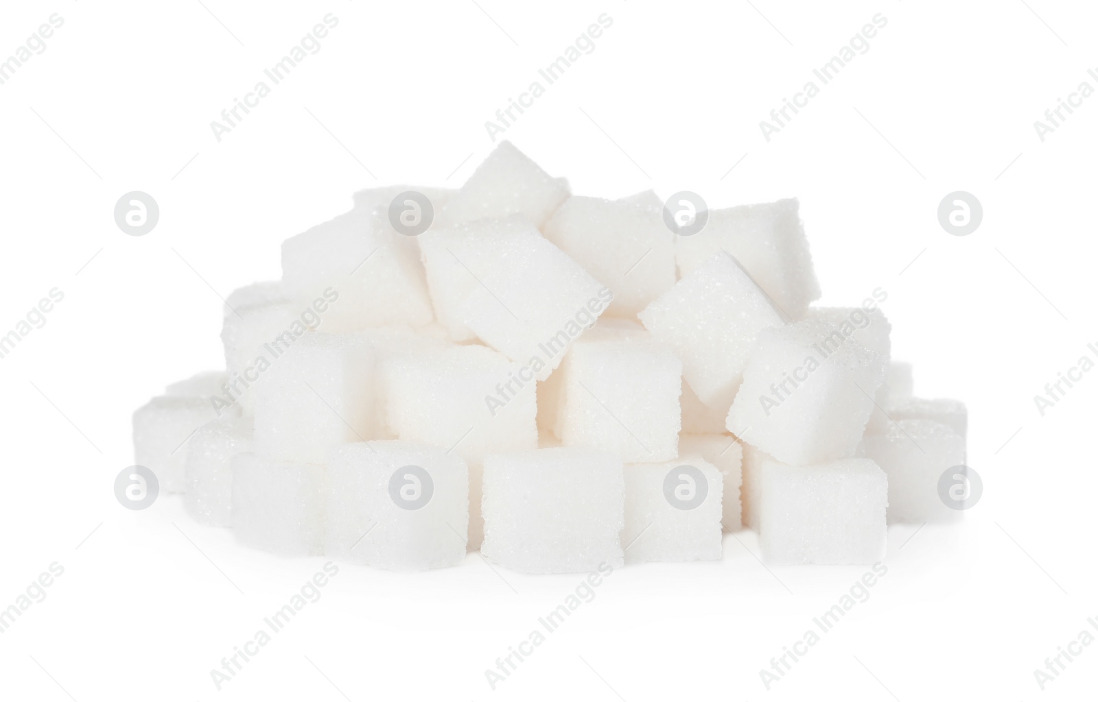 Photo of Heap of refined sugar cubes on white background