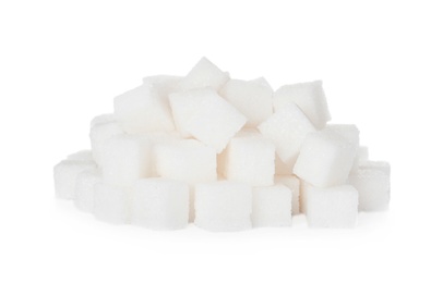 Photo of Heap of refined sugar cubes on white background