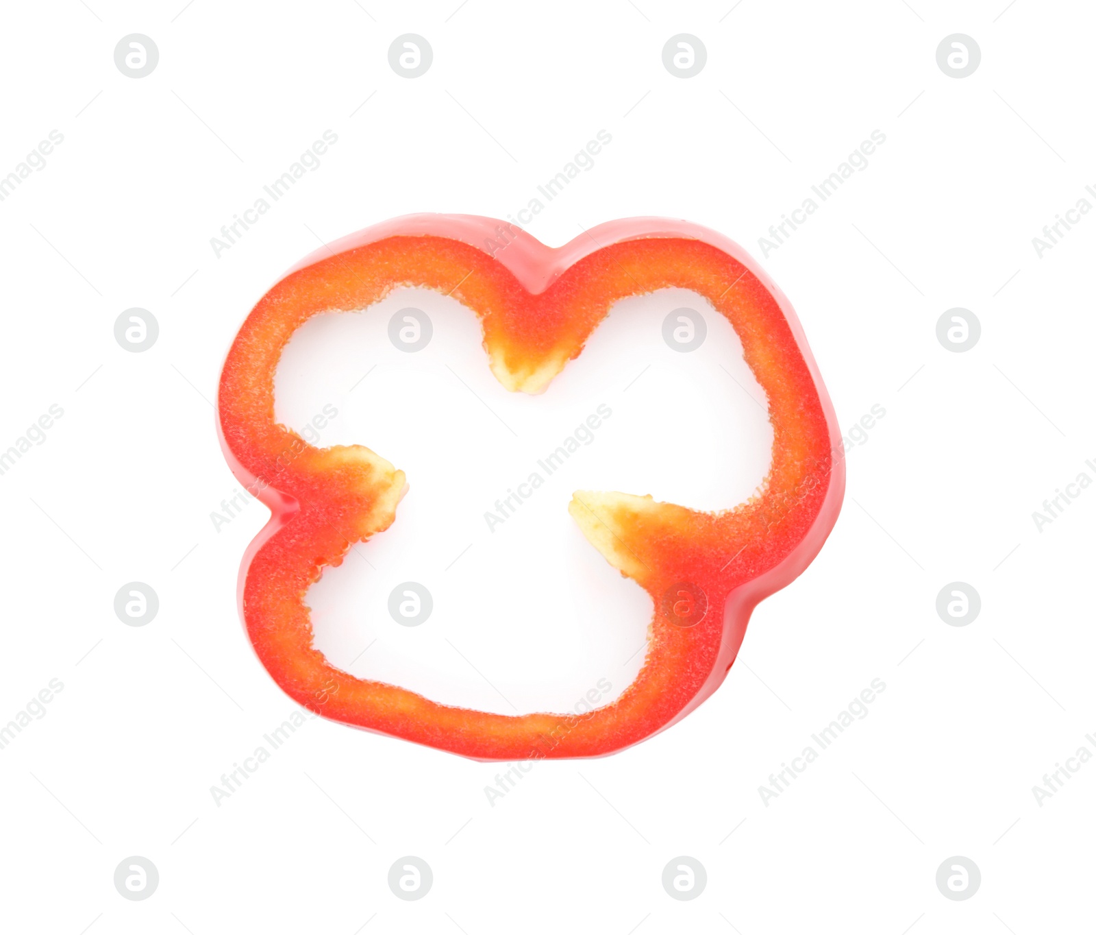 Photo of Slice of ripe paprika pepper on white background, top view