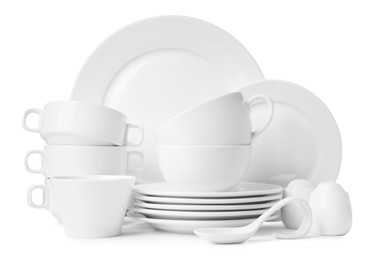 Set of clean dishware isolated on white