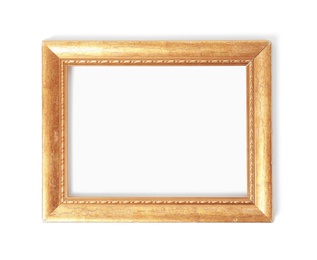 Photo of Stylish gold frame on white background, top view. Space for text