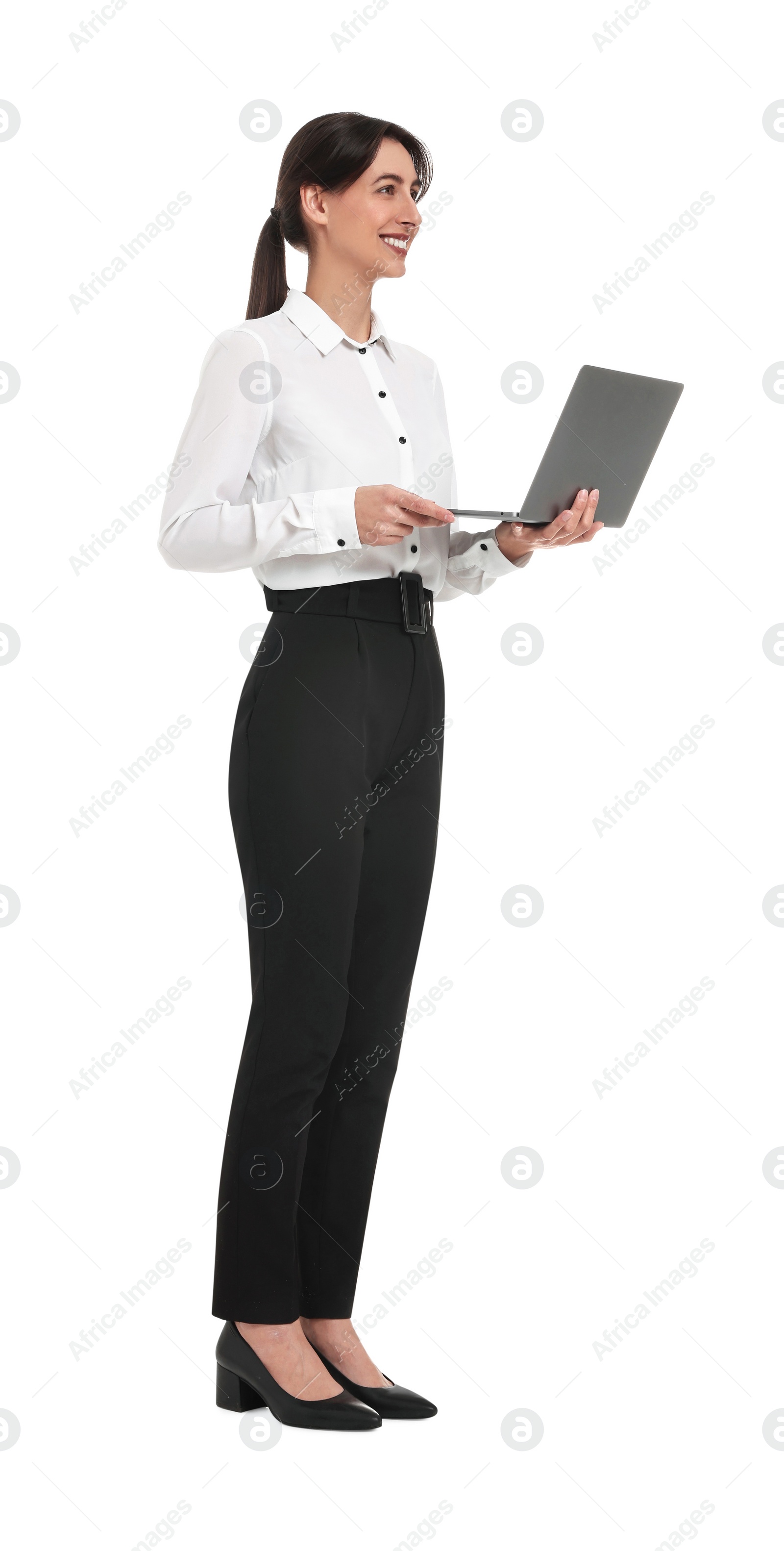 Photo of Happy businesswoman using laptop on white background