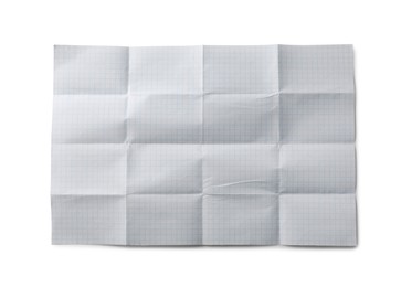 Checkered sheet of paper with creases on white background, top view