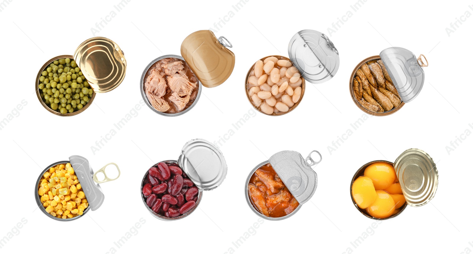 Image of Set of different canned food on white background, top view. Banner design