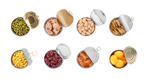 Set of different canned food on white background, top view. Banner design