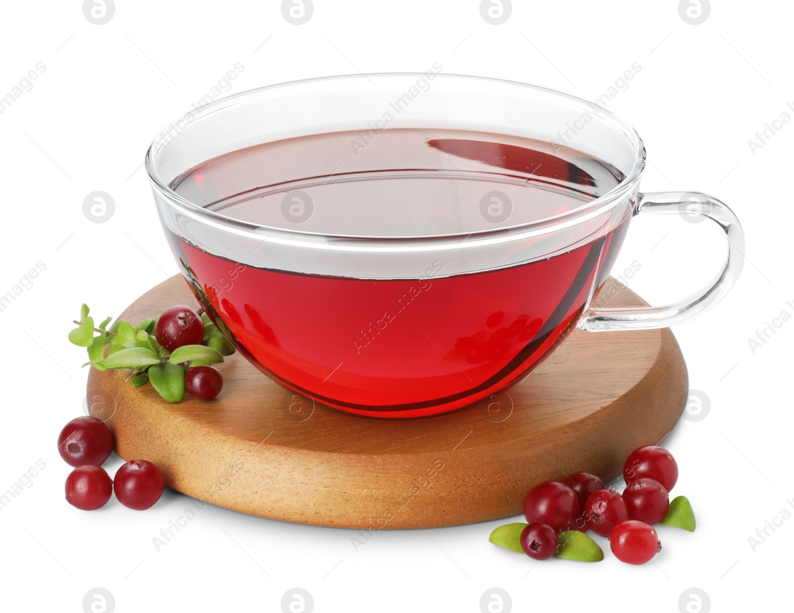 Photo of Cup of delicious cranberry tea and berries isolated on white