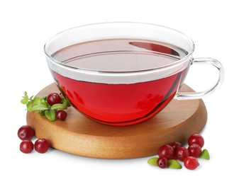 Photo of Cup of delicious cranberry tea and berries isolated on white