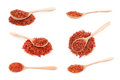 Image of Aromatic spices. Red chili pepper flakes in spoons on white background, set