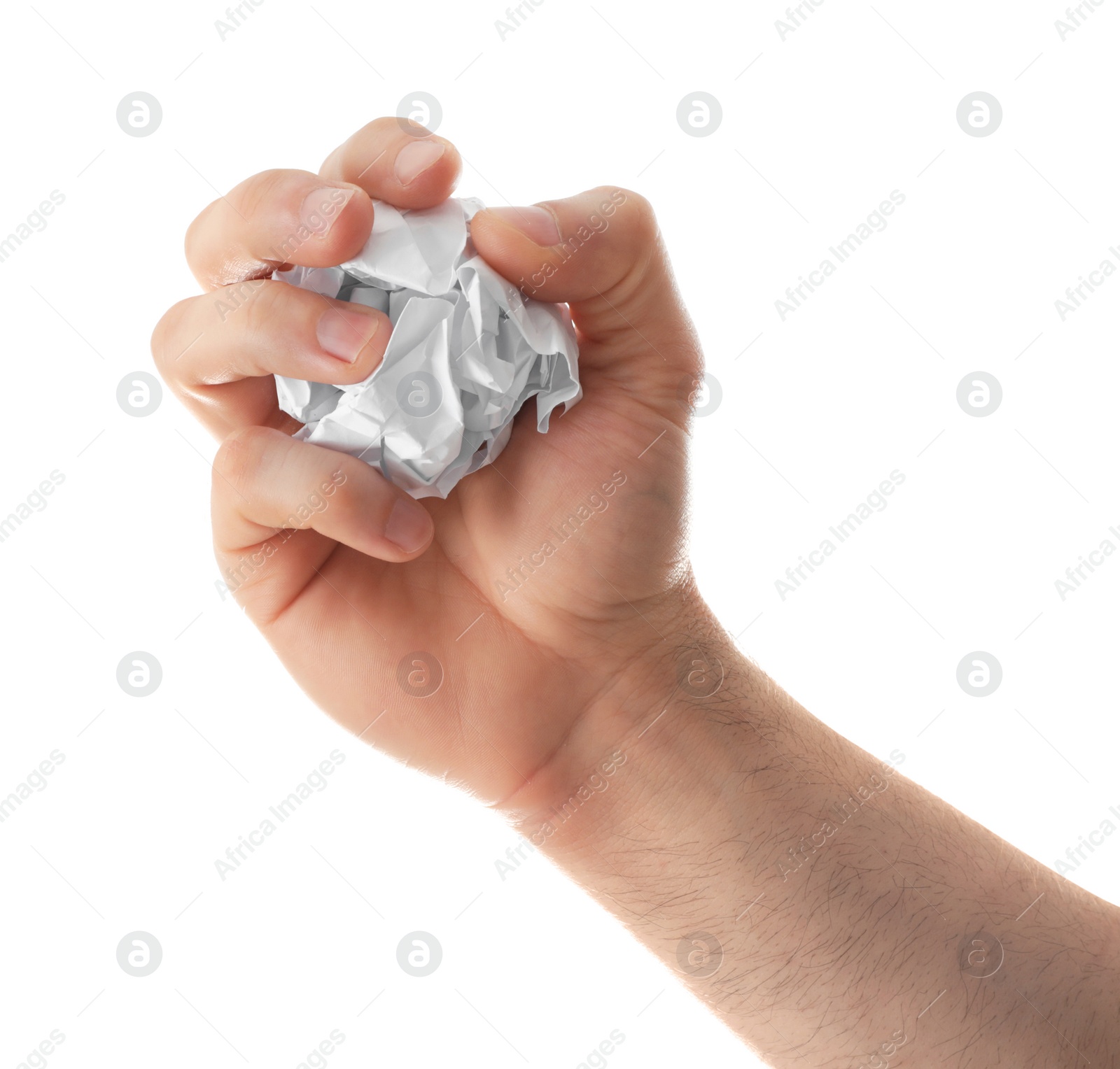 Photo of Man crumpling paper against white background, closeup. Generating idea