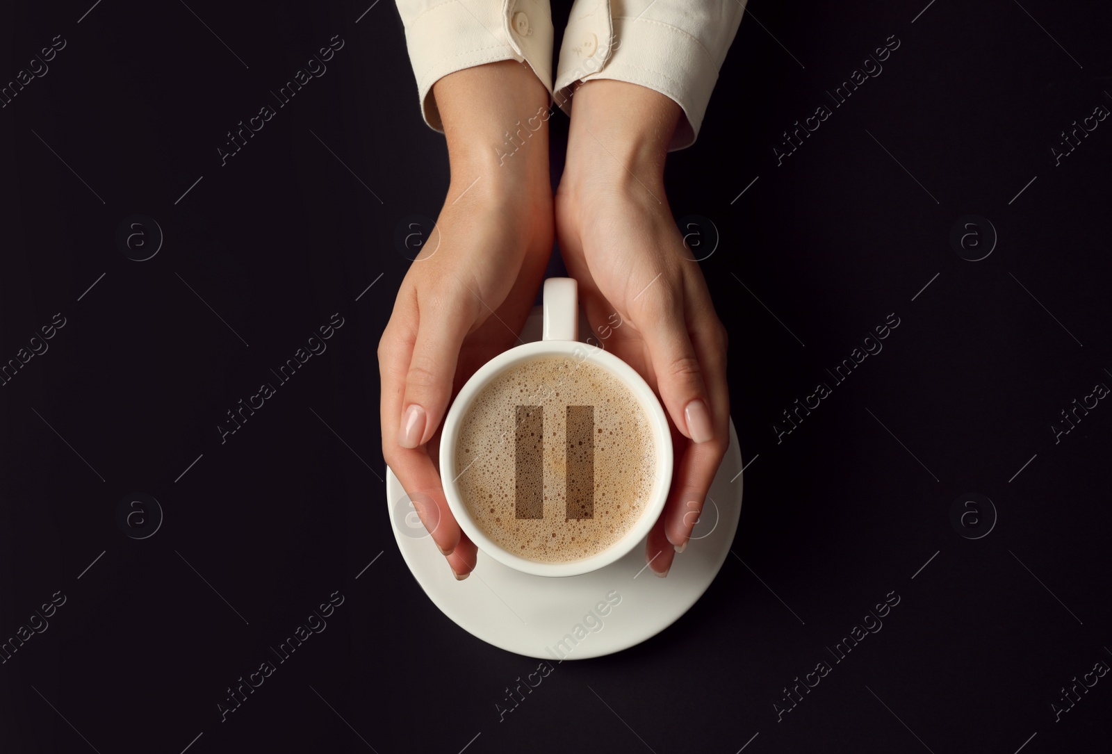 Image of Coffee Break. Woman with cup of americano on black background, top view