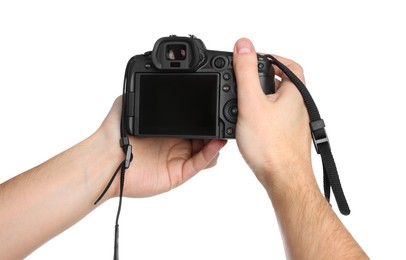 Photographer holding modern camera on white background, closeup