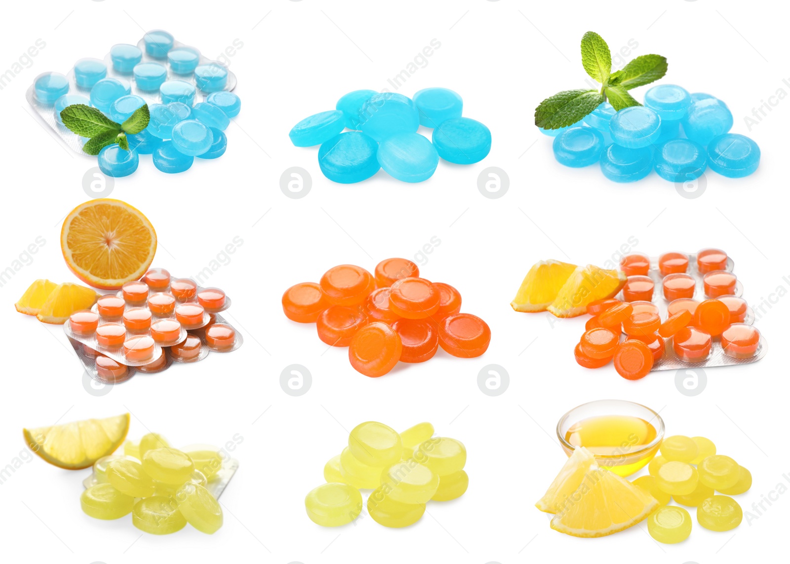 Image of Set with different cough drops on white background