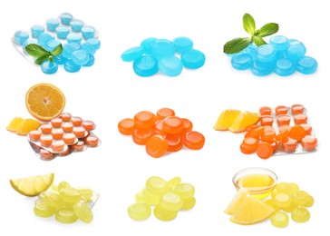 Image of Set with different cough drops on white background