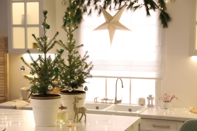Photo of Small Christmas trees decorated with baubles and festive lights in kitchen
