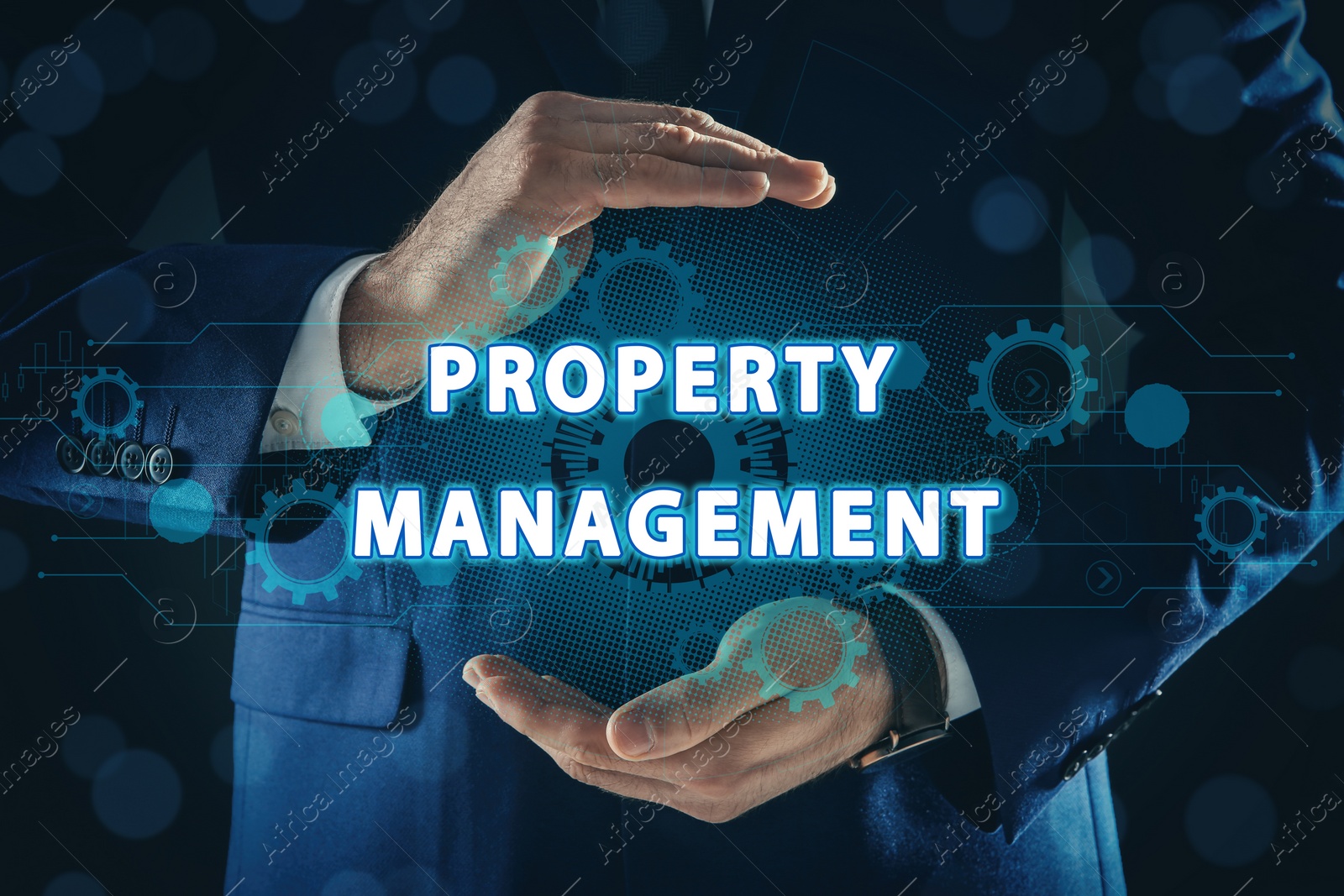 Image of Man demonstrating text Property Management and gear images on dark background, closeup