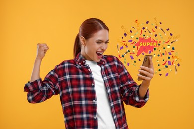 Discount offer. Excited young woman holding smartphone on orange background. Confetti, streamers and word Super flying from device
