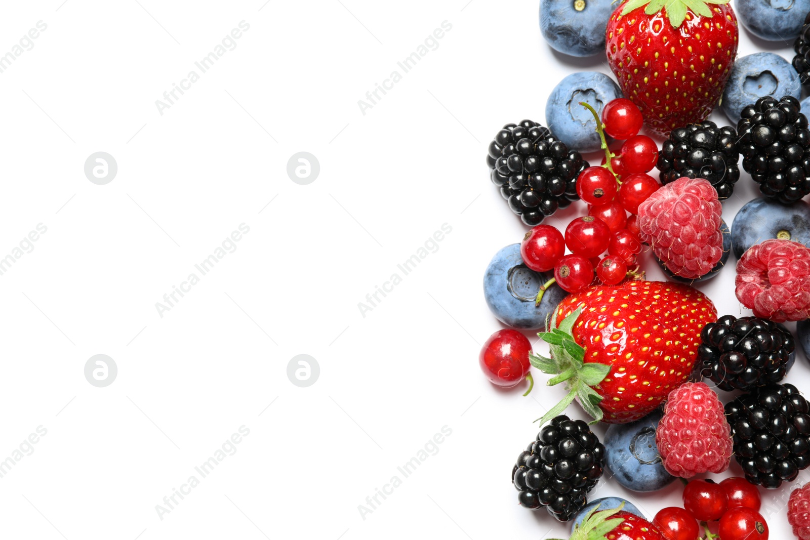 Photo of Mix of fresh berries on white background, flat lay