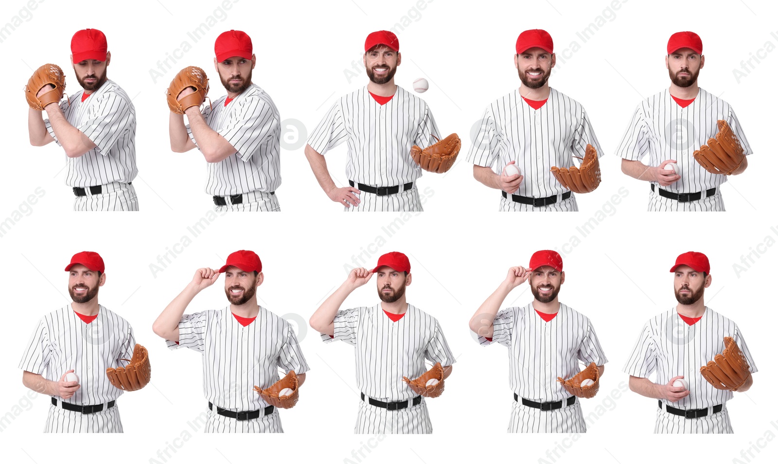 Image of Baseball player with leather glove on white background, set of photos