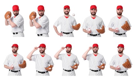 Baseball player with leather glove on white background, set of photos