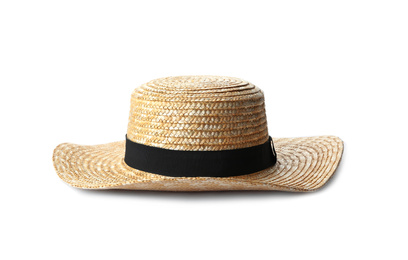 Photo of Straw hat isolated on white. Stylish accessory