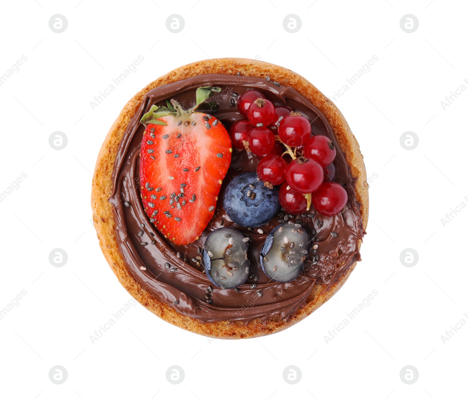 Photo of Tasty organic rusk with chocolate spread and sweet berries isolated on white, top view