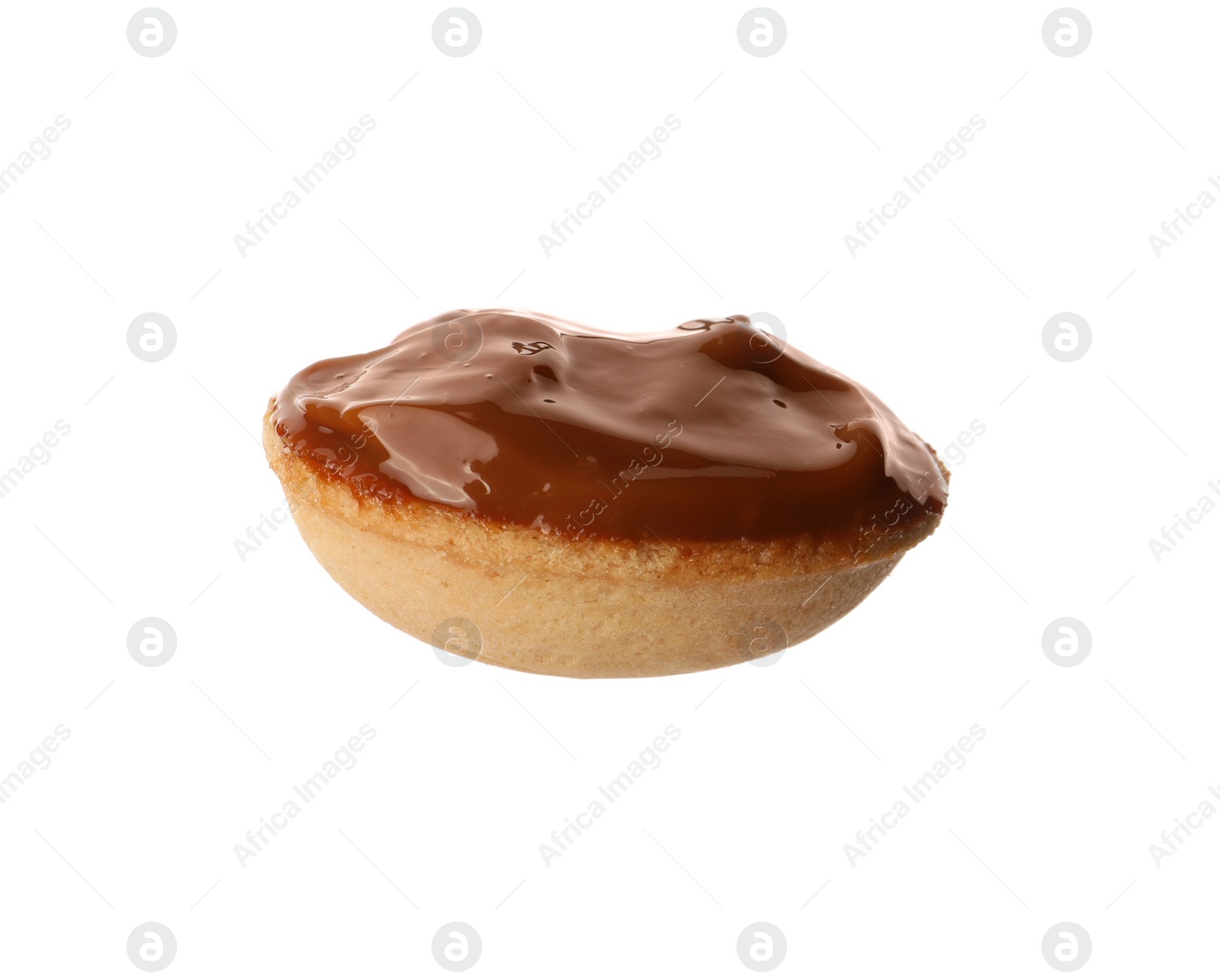 Photo of Half of delicious nut shaped cookie with boiled condensed milk isolated on white