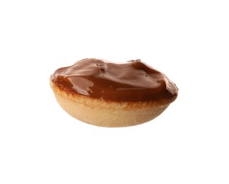 Photo of Half of delicious nut shaped cookie with boiled condensed milk isolated on white