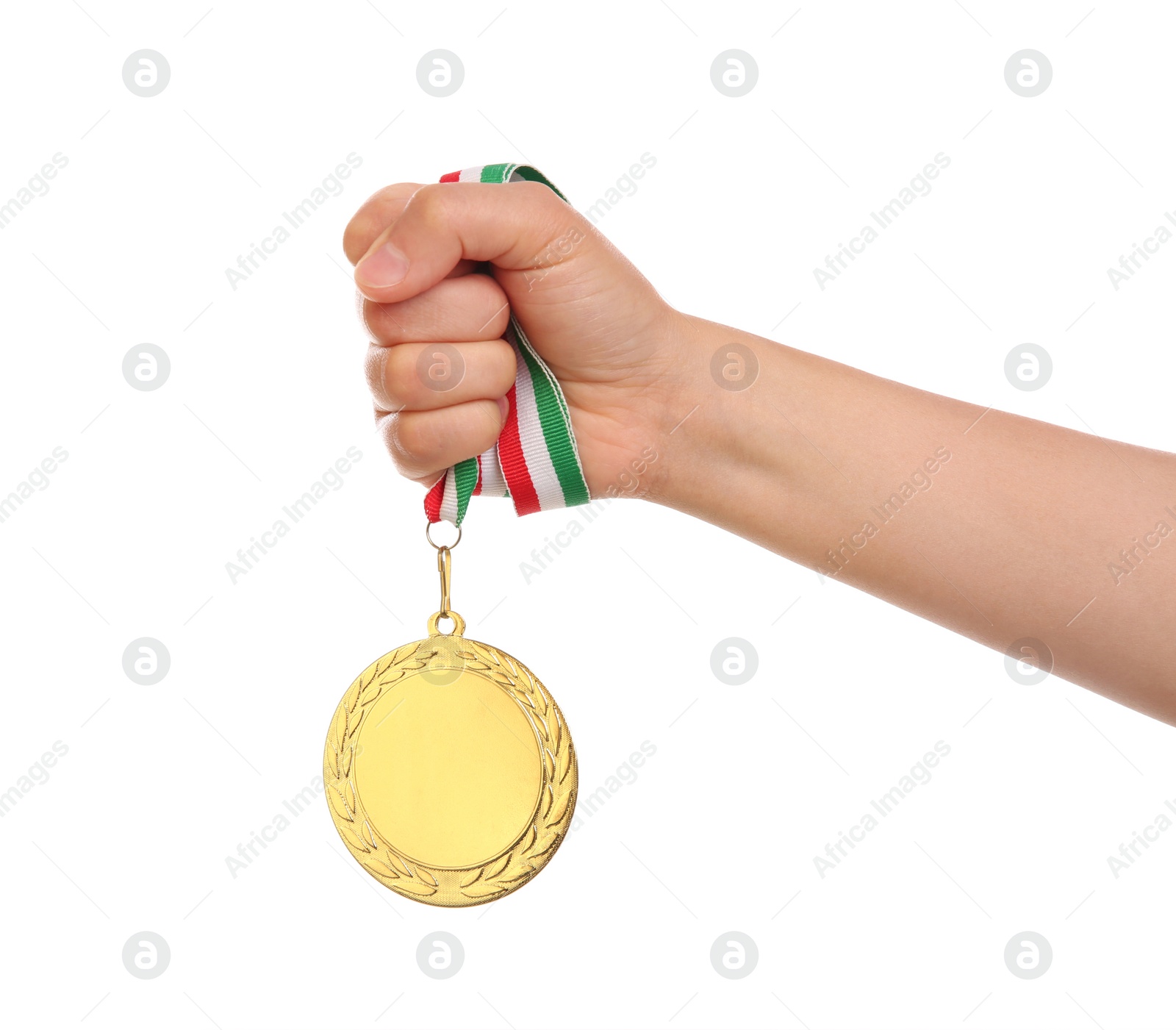 Photo of Woman holding gold medal on white background, closeup