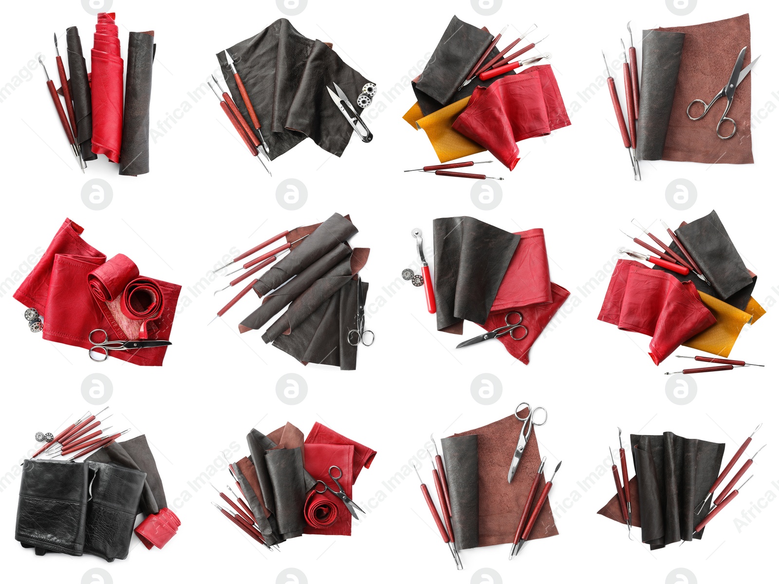 Image of Set with leather samples and craftsman tools on white background, top view