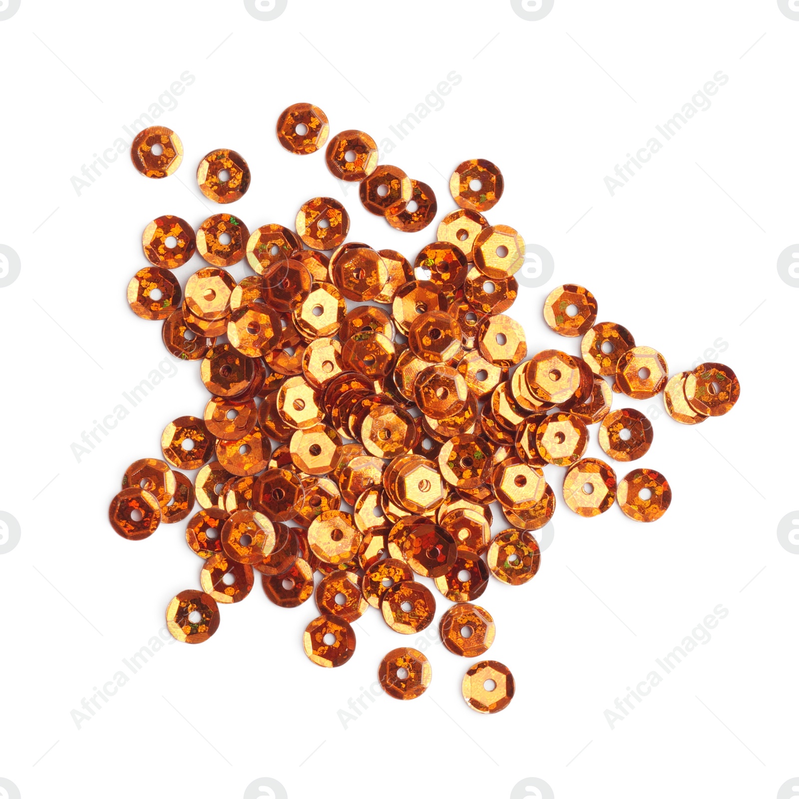 Photo of Pile of orange sequins isolated on white, top view