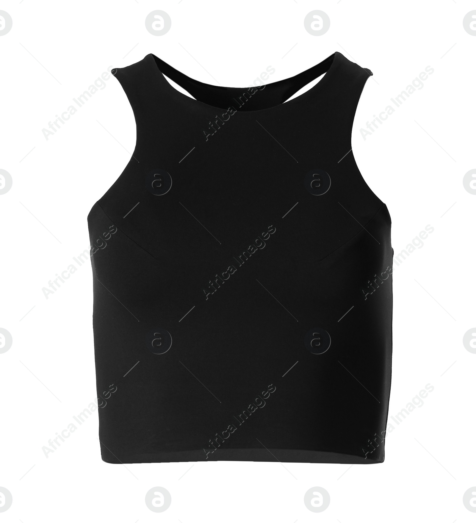 Photo of Black women's top isolated on white. Sports clothing