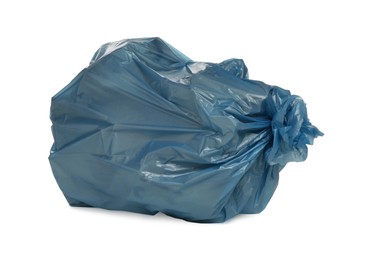 Photo of Blue trash bag filled with garbage isolated on white